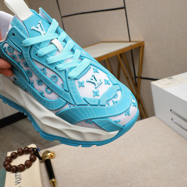 LV TRAINER WHITE MIX BLUE CALFSKIN AND BREATHABLE MESH