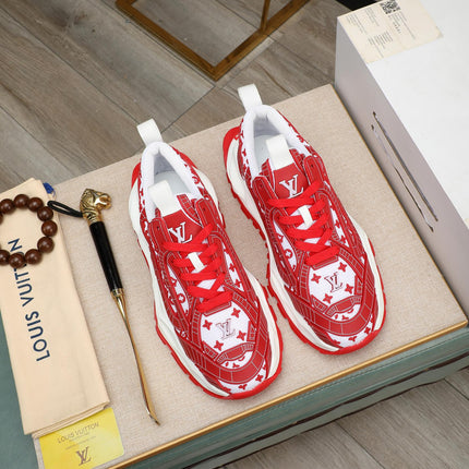 LV TRAINER WHITE MIX RED CALFSKIN AND BREATHABLE MESH