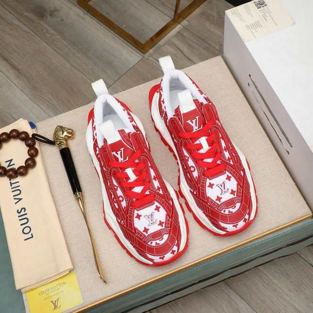 LV TRAINER WHITE MIX RED CALFSKIN AND BREATHABLE MESH
