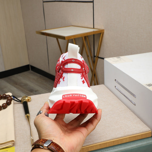 LV TRAINER WHITE MIX RED CALFSKIN AND BREATHABLE MESH
