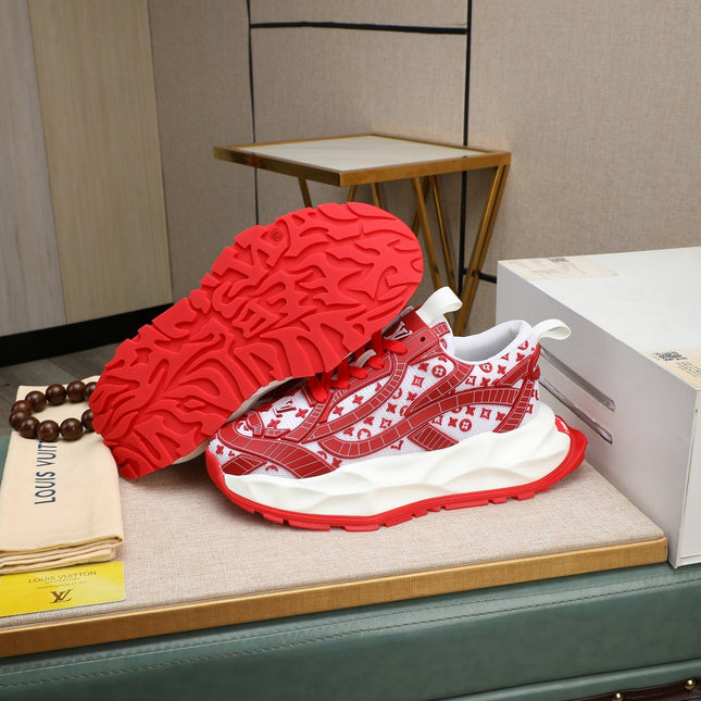 LV TRAINER WHITE MIX RED CALFSKIN AND BREATHABLE MESH