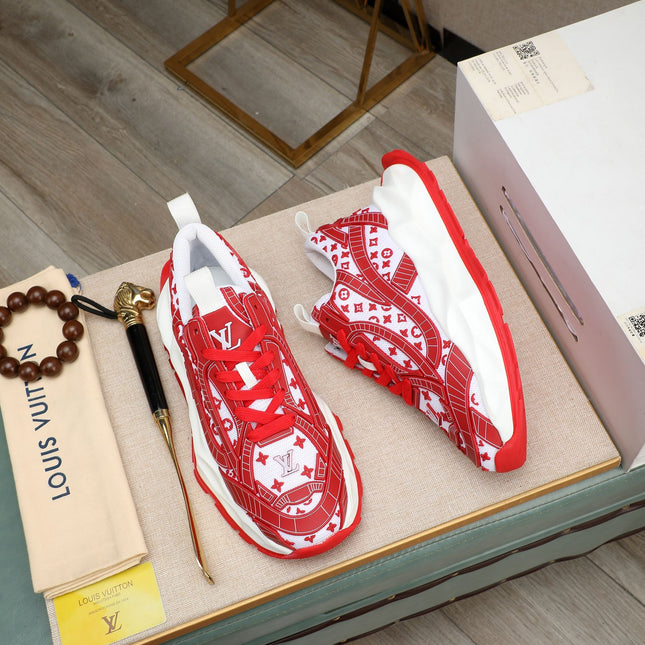 LV TRAINER WHITE MIX RED CALFSKIN AND BREATHABLE MESH