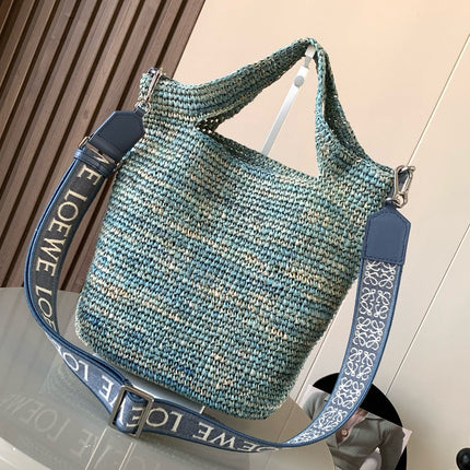 LOE 30 SLIT BAG IN DENIM BLUE RAFFIA AND CALFSKIN