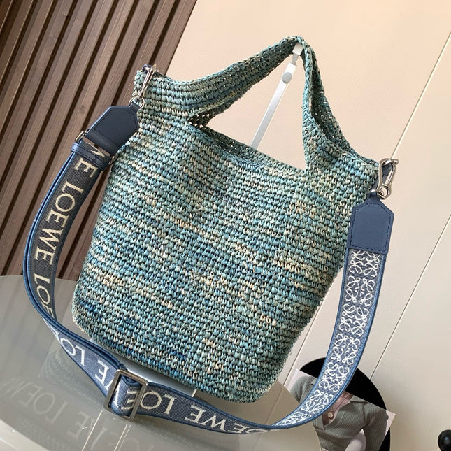 LOE 30 SLIT BAG IN DENIM BLUE RAFFIA AND CALFSKIN
