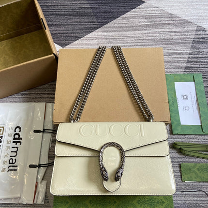 DYONYSUS SMALL SHOULDER BAG 28 IN WHITE LACQUER EMBOSSED CALFSKIN SILVER HARDWARE