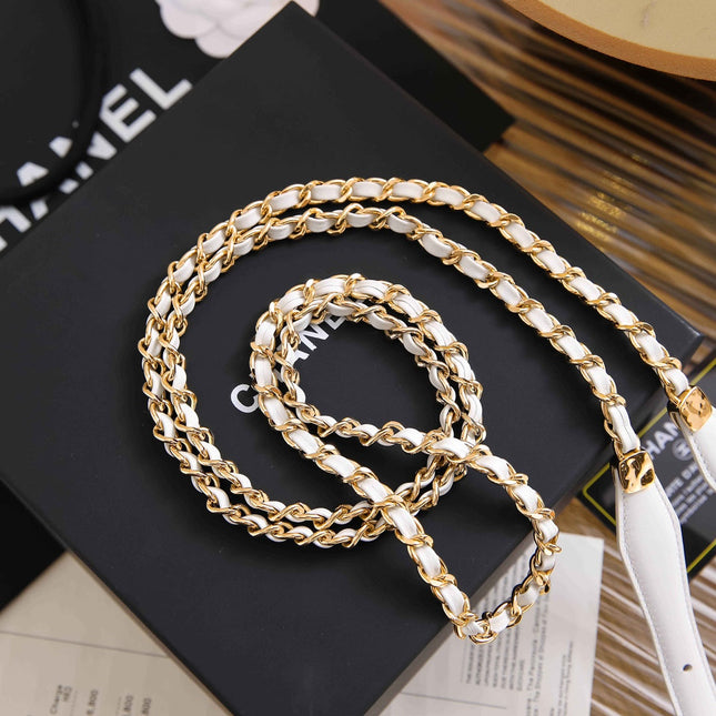 CC CHAIN BELT WITH GOLD HARDWARE AND WHITE CALFSKIN