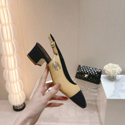 SLINGBACKS PEANUT BROWN MIX BLACK SHEEPSKIN