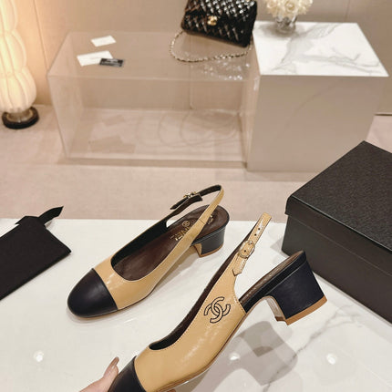 SLINGBACKS PEANUT BROWN MIX BLACK SHEEPSKIN