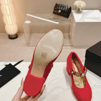 HIGH MARY JANE SHOES RED PINK WOOL TWEED