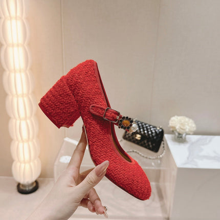 HIGH MARY JANE SHOES RED PINK WOOL TWEED