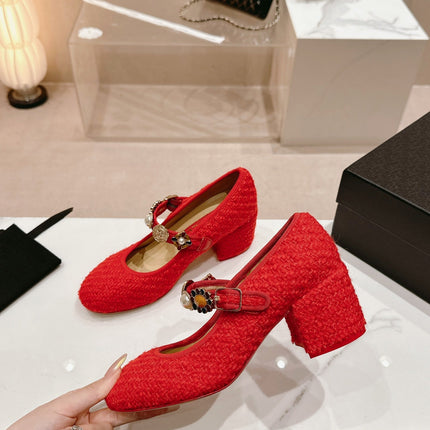 HIGH MARY JANE SHOES RED PINK WOOL TWEED