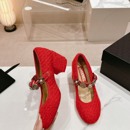 HIGH MARY JANE SHOES RED PINK WOOL TWEED