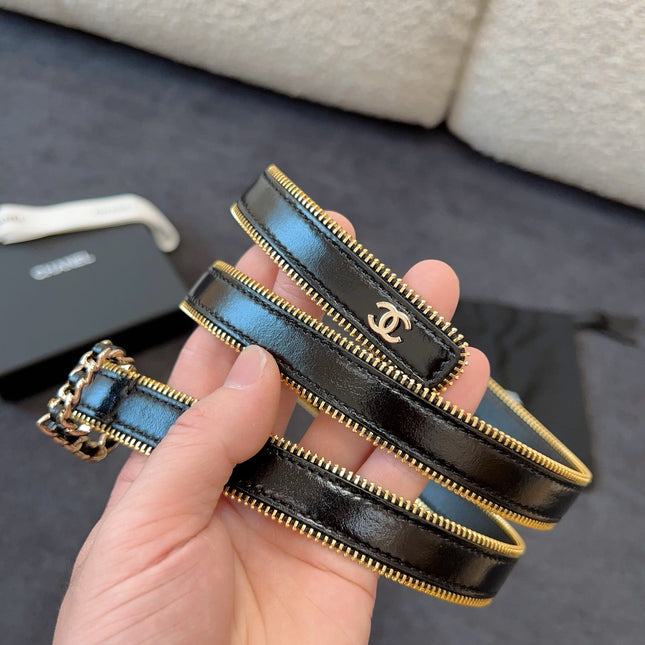 BELT 20MM IN BLACK CALFSKIN WITH INTERWOVEN CHAIN BUCKLE ZIPPER IN TRIM GOLD HARDWARE