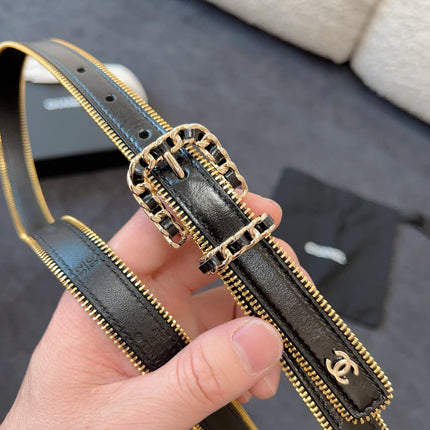 BELT 20MM IN BLACK CALFSKIN WITH INTERWOVEN CHAIN BUCKLE ZIPPER IN TRIM GOLD HARDWARE