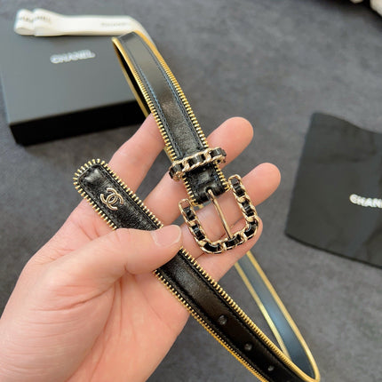 BELT 20MM IN BLACK CALFSKIN WITH INTERWOVEN CHAIN BUCKLE ZIPPER IN TRIM GOLD HARDWARE