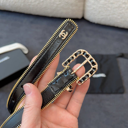 BELT 20MM IN BLACK CALFSKIN WITH INTERWOVEN CHAIN BUCKLE ZIPPER IN TRIM GOLD HARDWARE