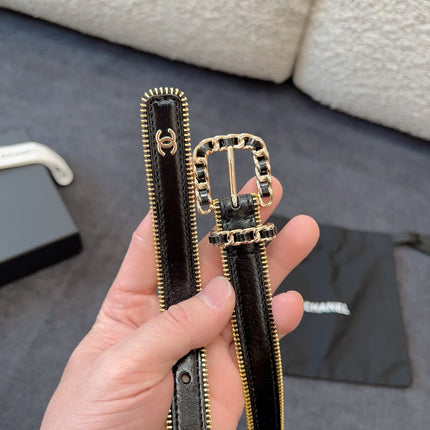 BELT 20MM IN BLACK CALFSKIN WITH INTERWOVEN CHAIN BUCKLE ZIPPER IN TRIM GOLD HARDWARE