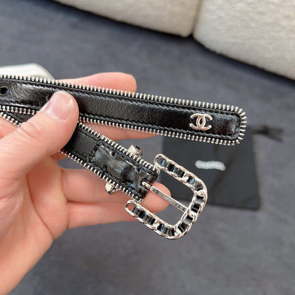 BELT 20MM IN BLACK CALFSKIN WITH INTERWOVEN CHAIN BUCKLE ZIPPER IN TRIM