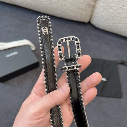 BELT 20MM IN BLACK CALFSKIN WITH INTERWOVEN CHAIN BUCKLE ZIPPER IN TRIM