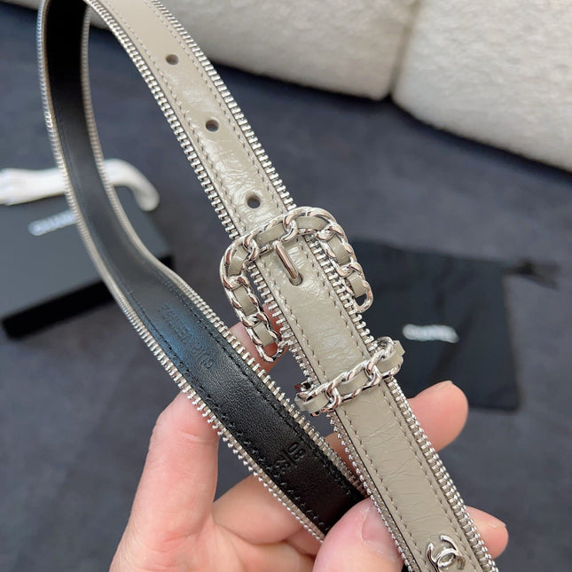 BELT 20MM IN GRAY CALFSKIN WITH INTERWOVEN CHAIN BUCKLE ZIPPER IN TRIM SILVER HARDWARE