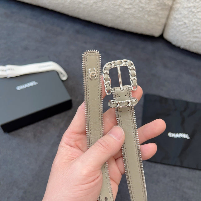 BELT 20MM IN GRAY CALFSKIN WITH INTERWOVEN CHAIN BUCKLE ZIPPER IN TRIM SILVER HARDWARE
