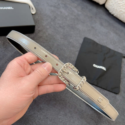 BELT 20MM IN GRAY CALFSKIN WITH INTERWOVEN CHAIN BUCKLE ZIPPER IN TRIM SILVER HARDWARE