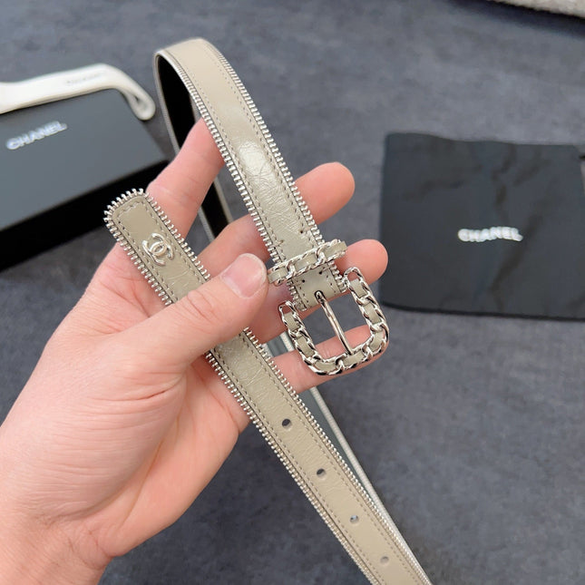 BELT 20MM IN GRAY CALFSKIN WITH INTERWOVEN CHAIN BUCKLE ZIPPER IN TRIM SILVER HARDWARE