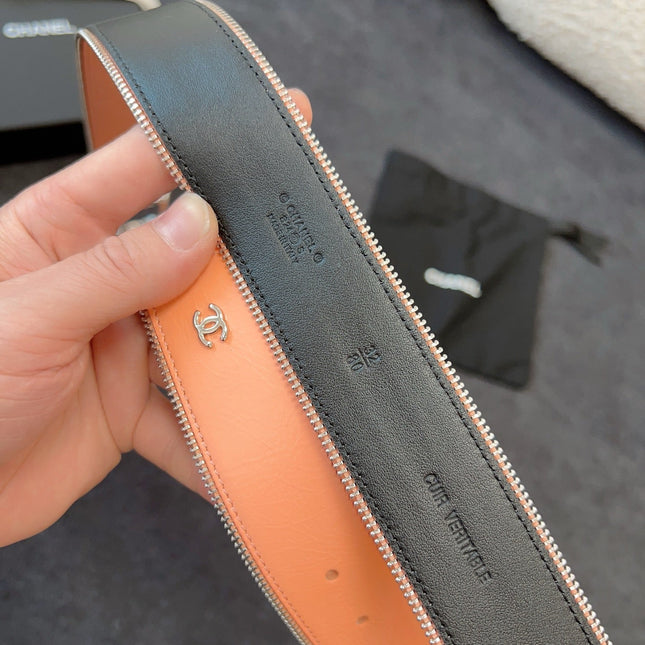 BELT 40MM IN CORAL CALFSKIN WITH INTERWOVEN CHAIN BUCKLE ZIPPER IN TRIM SILVER HARDWARE