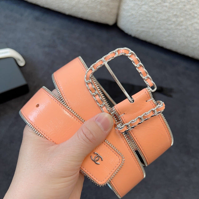 BELT 40MM IN CORAL CALFSKIN WITH INTERWOVEN CHAIN BUCKLE ZIPPER IN TRIM SILVER HARDWARE