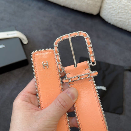 BELT 40MM IN CORAL CALFSKIN WITH INTERWOVEN CHAIN BUCKLE ZIPPER IN TRIM SILVER HARDWARE