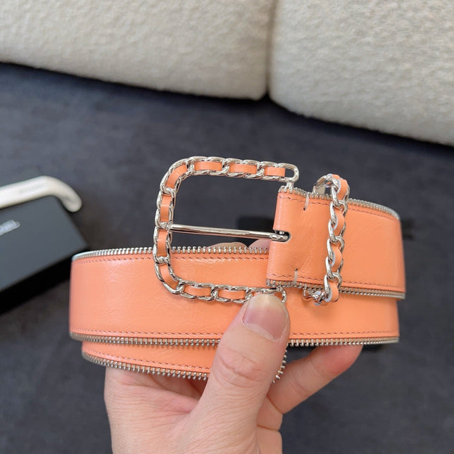 BELT 40MM IN CORAL CALFSKIN WITH INTERWOVEN CHAIN BUCKLE ZIPPER IN TRIM SILVER HARDWARE