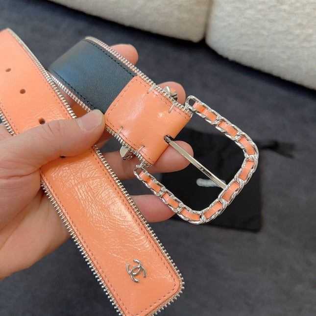 BELT 40MM IN CORAL CALFSKIN WITH INTERWOVEN CHAIN BUCKLE ZIPPER IN TRIM SILVER HARDWARE