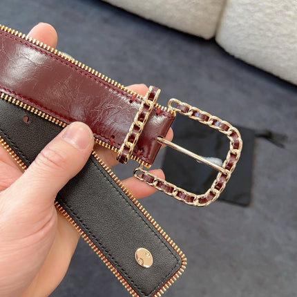 BELT 40MM IN WINE RED CALFSKIN WITH INTERWOVEN CHAIN BUCKLE ZIPPER IN TRIM GOLD HARDWARE