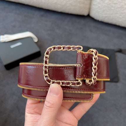 BELT 40MM IN WINE RED CALFSKIN WITH INTERWOVEN CHAIN BUCKLE ZIPPER IN TRIM GOLD HARDWARE