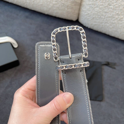 BELT 40MM IN GRAY CALFSKIN WITH INTERWOVEN CHAIN BUCKLE ZIPPER IN TRIM SILVER HARDWARE