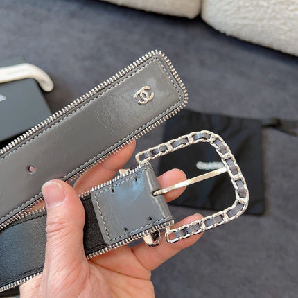 BELT 40MM IN GRAY CALFSKIN WITH INTERWOVEN CHAIN BUCKLE ZIPPER IN TRIM SILVER HARDWARE