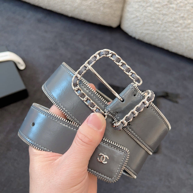 BELT 40MM IN GRAY CALFSKIN WITH INTERWOVEN CHAIN BUCKLE ZIPPER IN TRIM SILVER HARDWARE