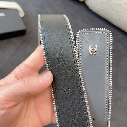 BELT 40MM IN GRAY CALFSKIN WITH INTERWOVEN CHAIN BUCKLE ZIPPER IN TRIM SILVER HARDWARE
