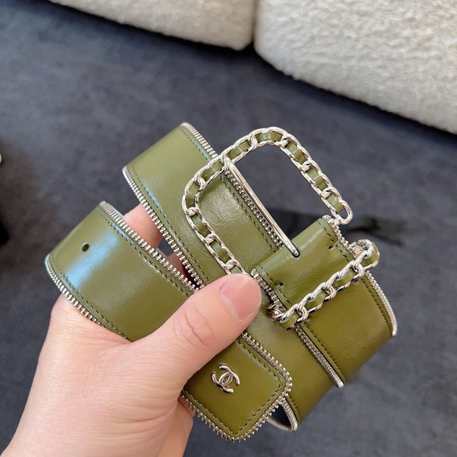 BELT 40MM IN OLIVE GREEN CALFSKIN WITH INTERWOVEN CHAIN BUCKLE ZIPPER IN TRIM SILVER HARDWARE