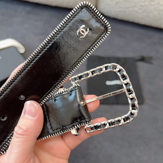BELT 40MM IN BLACK CALFSKIN WITH INTERWOVEN CHAIN BUCKLE ZIPPER IN TRIM SILVER HARDWARE