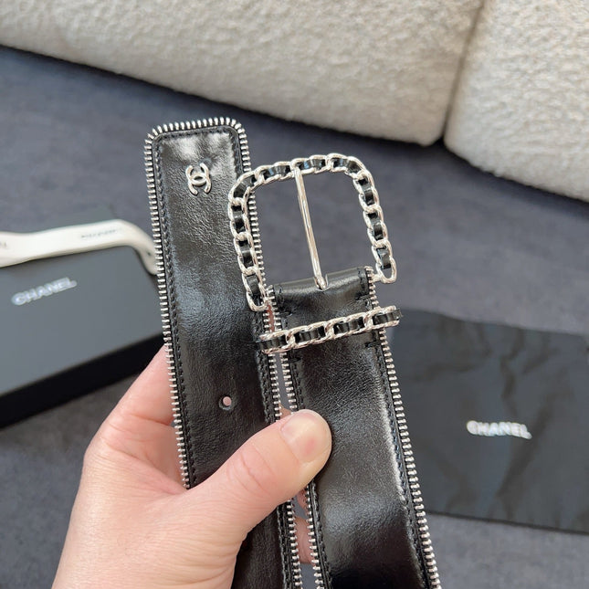 BELT 40MM IN BLACK CALFSKIN WITH INTERWOVEN CHAIN BUCKLE ZIPPER IN TRIM SILVER HARDWARE