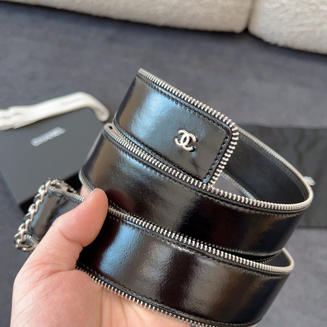 BELT 40MM IN BLACK CALFSKIN WITH INTERWOVEN CHAIN BUCKLE ZIPPER IN TRIM SILVER HARDWARE