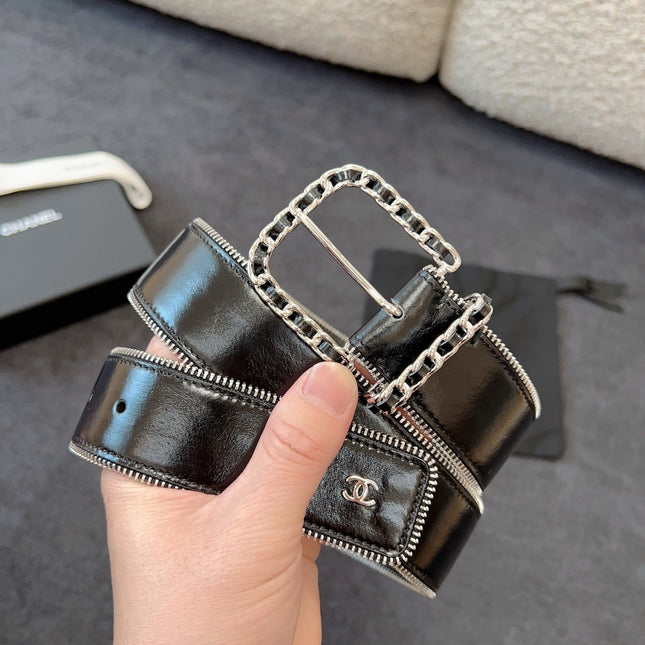 BELT 40MM IN BLACK CALFSKIN WITH INTERWOVEN CHAIN BUCKLE ZIPPER IN TRIM SILVER HARDWARE