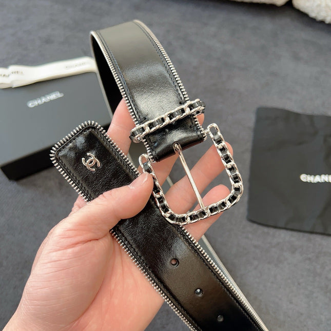 BELT 40MM IN BLACK CALFSKIN WITH INTERWOVEN CHAIN BUCKLE ZIPPER IN TRIM SILVER HARDWARE