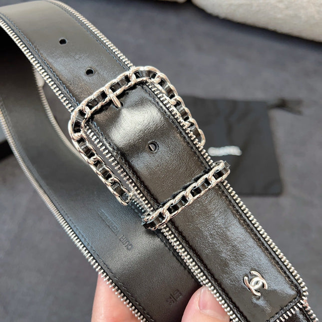 BELT 40MM IN BLACK CALFSKIN WITH INTERWOVEN CHAIN BUCKLE ZIPPER IN TRIM SILVER HARDWARE
