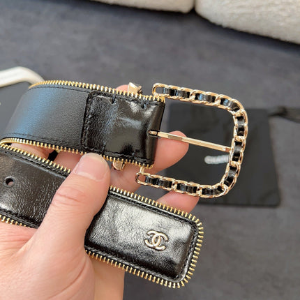 BELT 40MM IN BLACK CALFSKIN WITH INTERWOVEN CHAIN BUCKLE ZIPPER IN TRIM GOLD HARDWARE