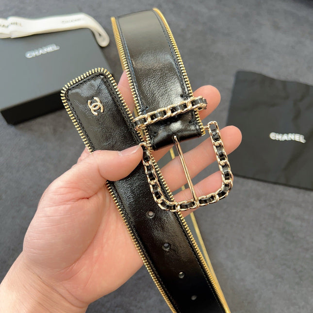 BELT 40MM IN BLACK CALFSKIN WITH INTERWOVEN CHAIN BUCKLE ZIPPER IN TRIM GOLD HARDWARE
