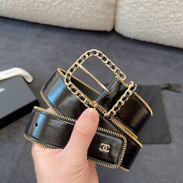 BELT 40MM IN BLACK CALFSKIN WITH INTERWOVEN CHAIN BUCKLE ZIPPER IN TRIM GOLD HARDWARE