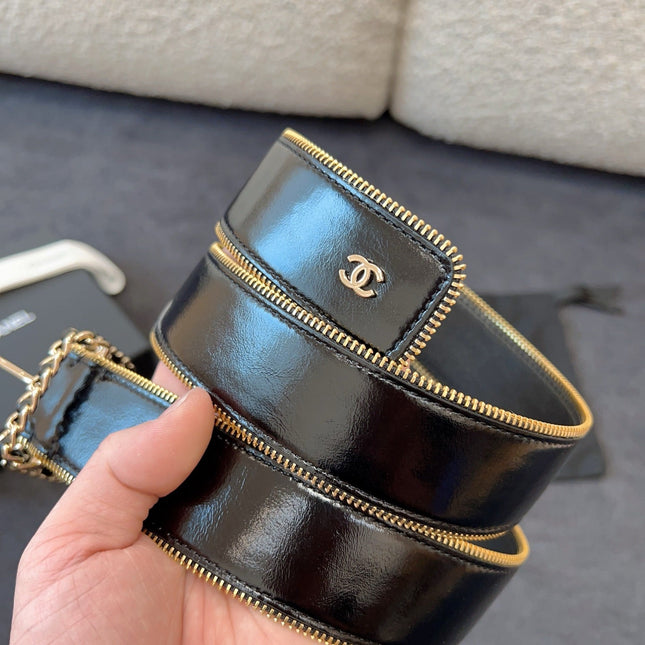 BELT 40MM IN BLACK CALFSKIN WITH INTERWOVEN CHAIN BUCKLE ZIPPER IN TRIM GOLD HARDWARE
