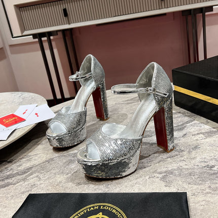 GLITTER SANDALOO PLATFORM SANDALS 130MM IN SILVER-TONE CALFSKIN